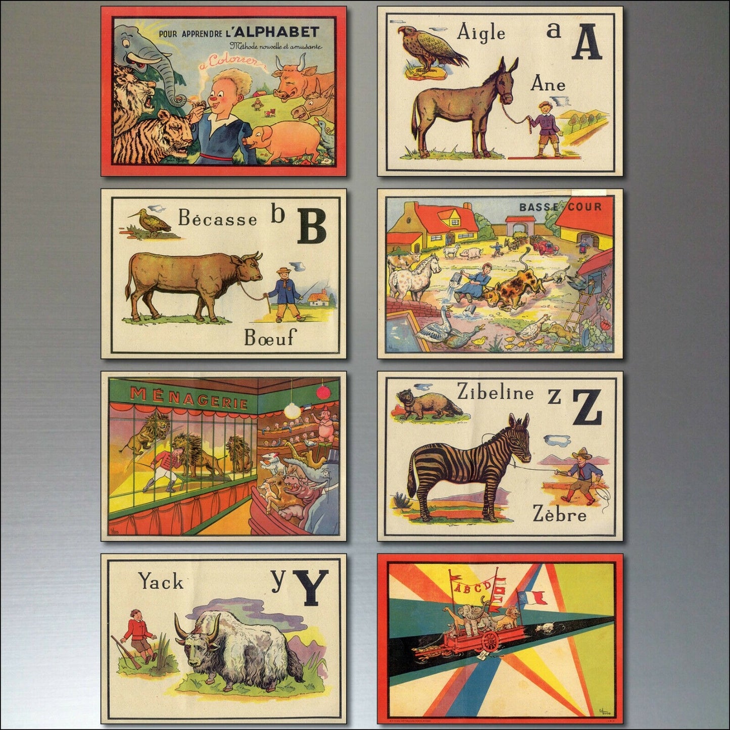 Vintage retro French children's alphabet fridge magnets set, featuring colorful and chic design with 8 magnetic letters.