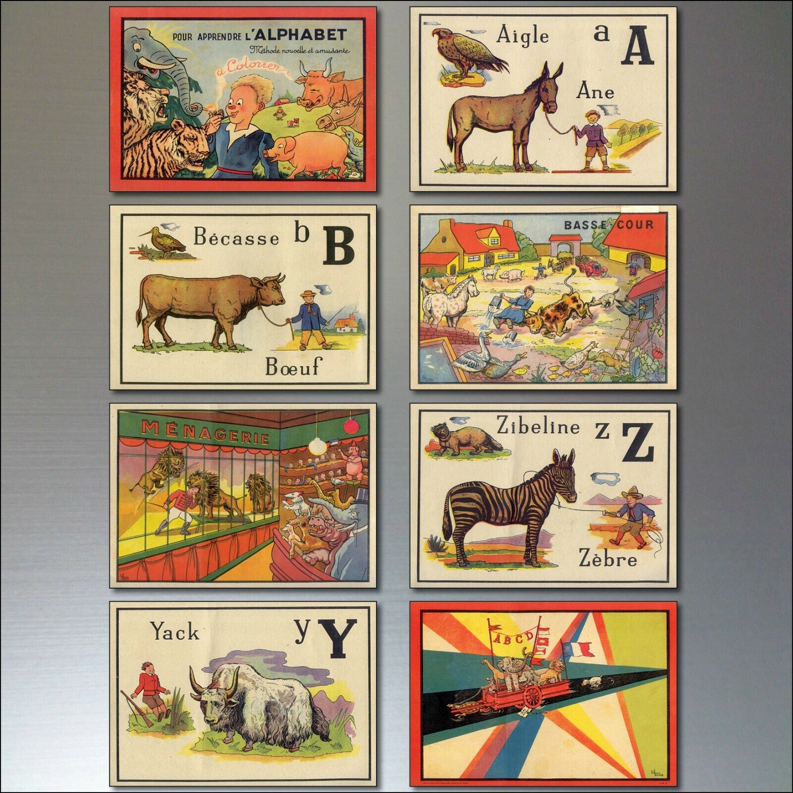 Vintage retro French children's alphabet fridge magnets set, featuring colorful and chic design with 8 magnetic letters.