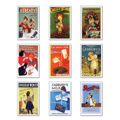 Set of 9 vintage-style fridge magnets featuring chocolate advertising posters with shabby chic and retro design elements.