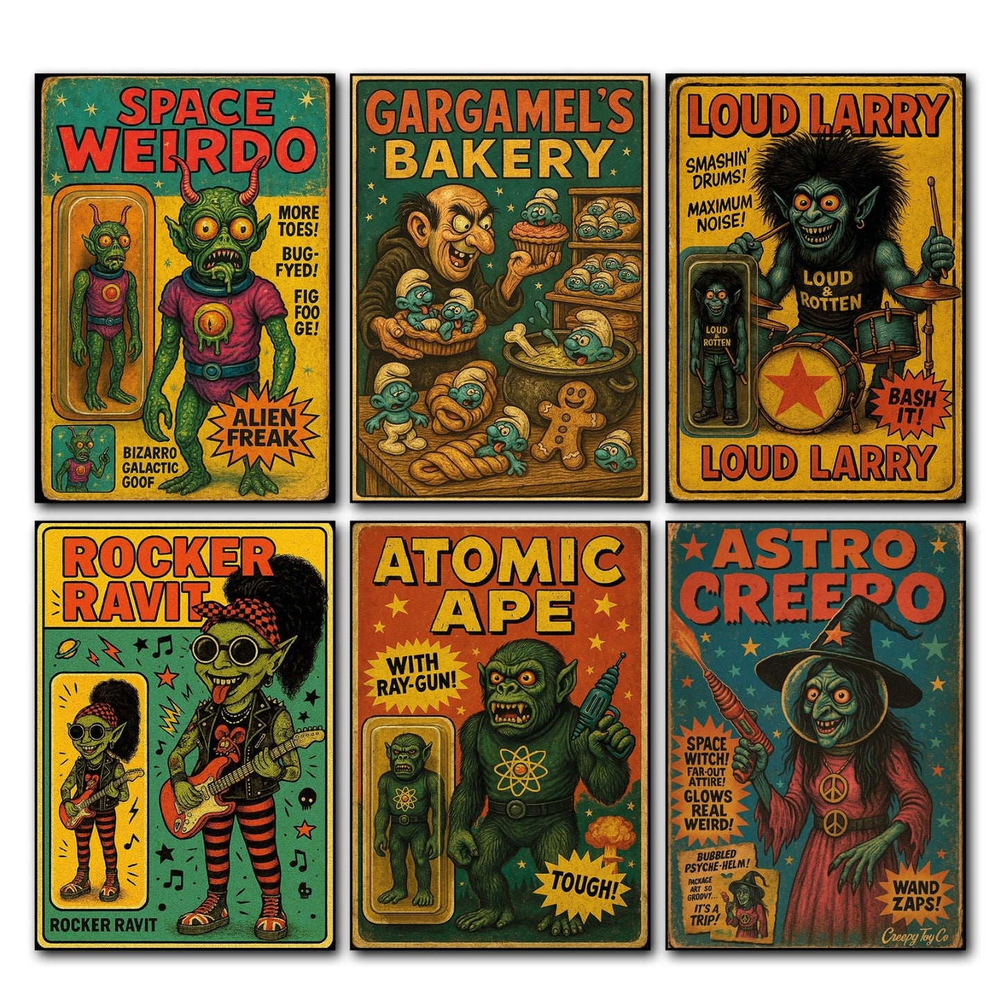 Set of six vintage Halloween fridge magnets featuring horror comic cover designs, with spooky and detailed artwork.