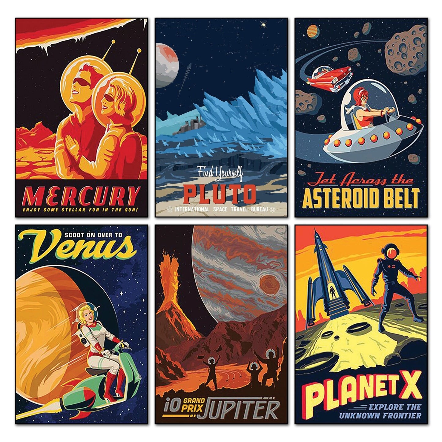 Set of six vintage sci-fi magnets featuring space travel artwork by Solar, showcasing retro science fiction designs.