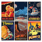 Set of six vintage sci-fi magnets featuring space travel artwork by Solar, showcasing retro science fiction designs.