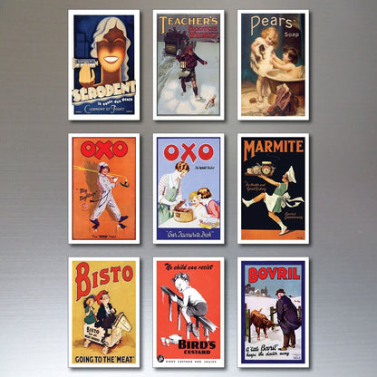 Set of nine vintage retro fridge magnets featuring nostalgic advert designs, perfect for decorating and collecting.