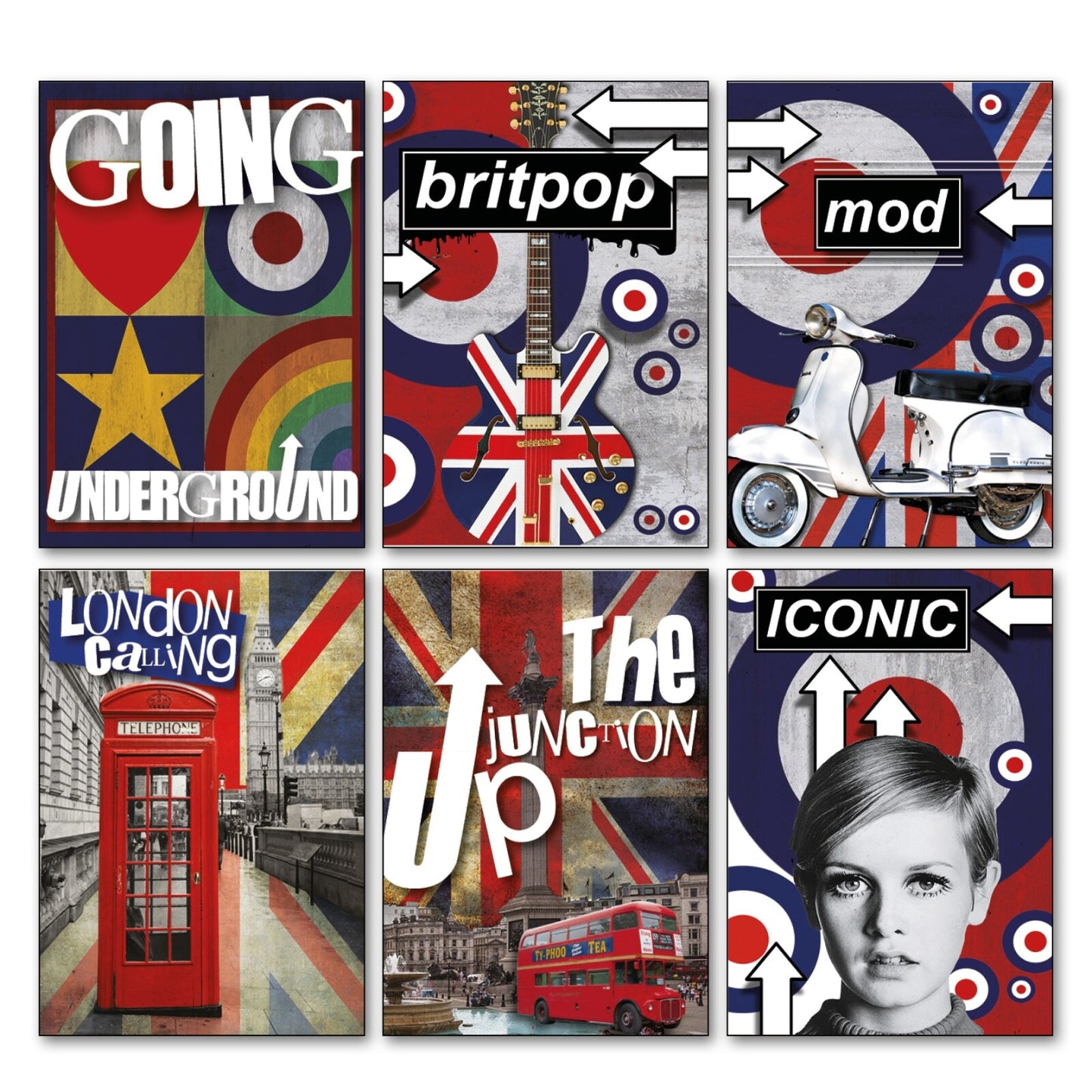 Set of six Mod scooter retro punk rocker vintage music fridge magnets featuring pop culture designs, by Mods.