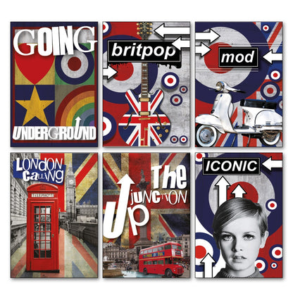 Set of six Mod scooter retro punk rocker vintage music fridge magnets featuring pop culture designs, by Mods.