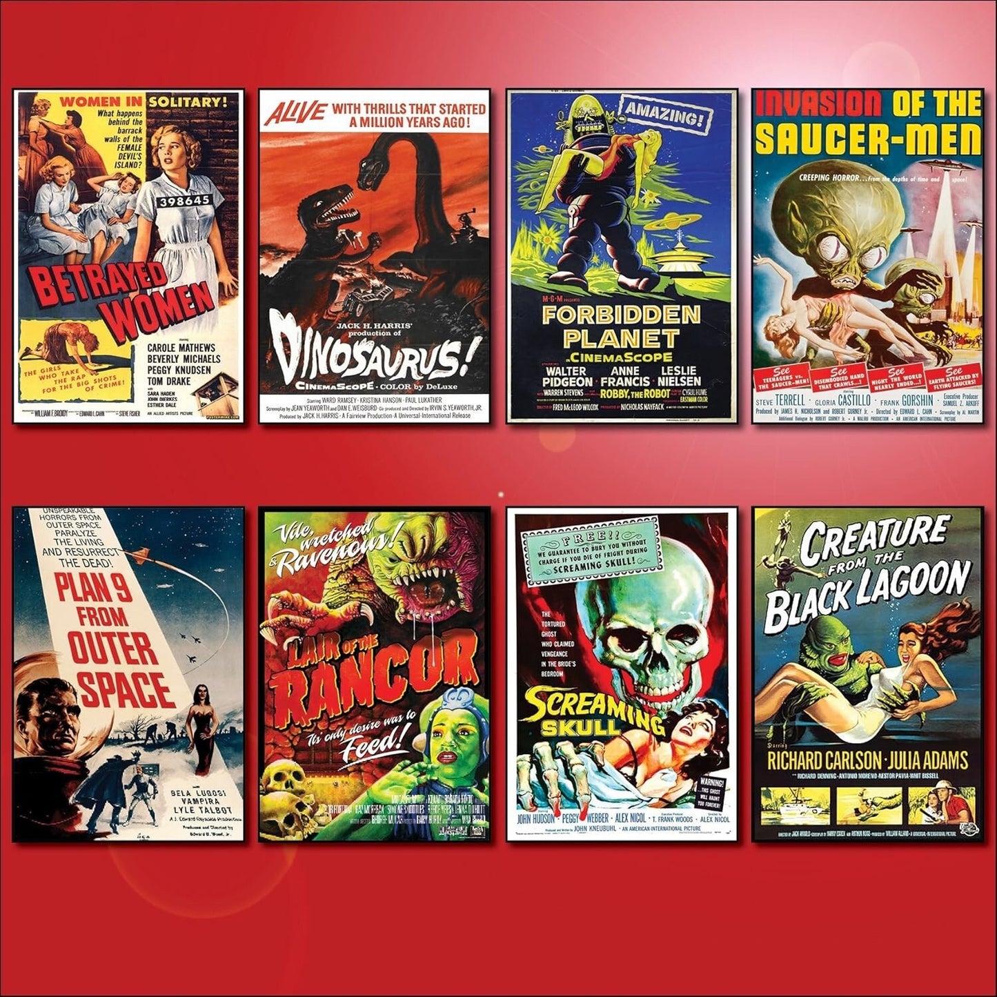 Set of 8 large Classic B Movie Film Poster fridge magnets featuring vintage horror and sci-fi designs, unbranded, for magnetic display.