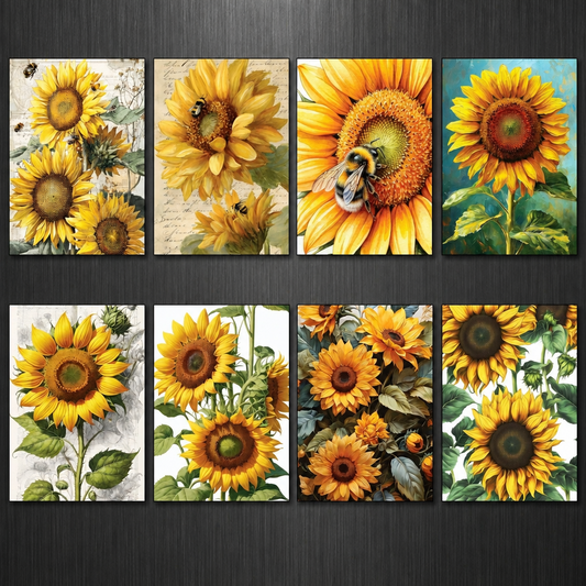 Vintage Sunflower Painting Fridge Magnets | Set of 8 | Floral Botanical Gift