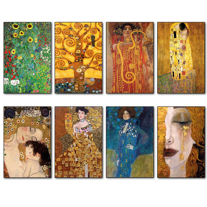 Set of 8 vintage Gustav Klimt fridge magnets featuring iconic art designs, perfect for decorating and embellishing your refrigerator.