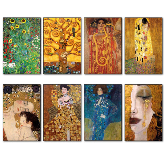 Set of 8 vintage Gustav Klimt fridge magnets featuring iconic art designs, perfect for decorating and embellishing your refrigerator.