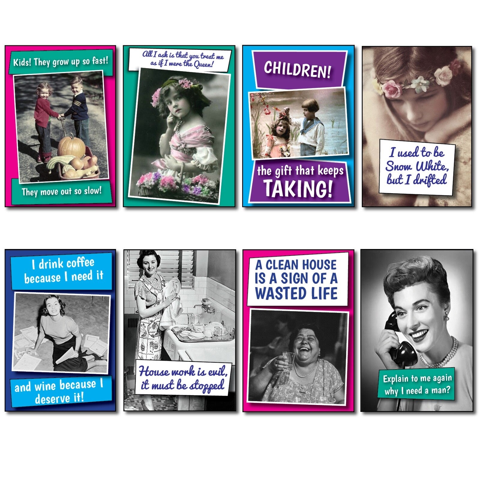 Set of 8 humorous and inspirational fridge magnets with funny quotes, featuring colorful designs on magnetic backing.