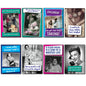 Set of 8 humorous and inspirational fridge magnets with funny quotes, featuring colorful designs on magnetic backing.