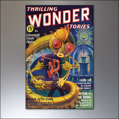 Set of 8 vintage retro sci-fi comic cover fridge magnets featuring colorful, flexible designs with classic science fiction artwork.