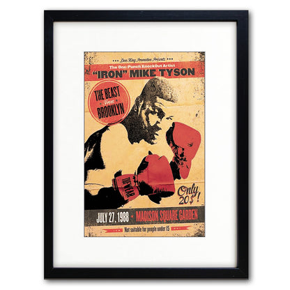 Vintage boxing poster print collection featuring Muhammad Ali, Mike Tyson, Joe Frazier, and Rocky Marciano by Bubbadoodoo.