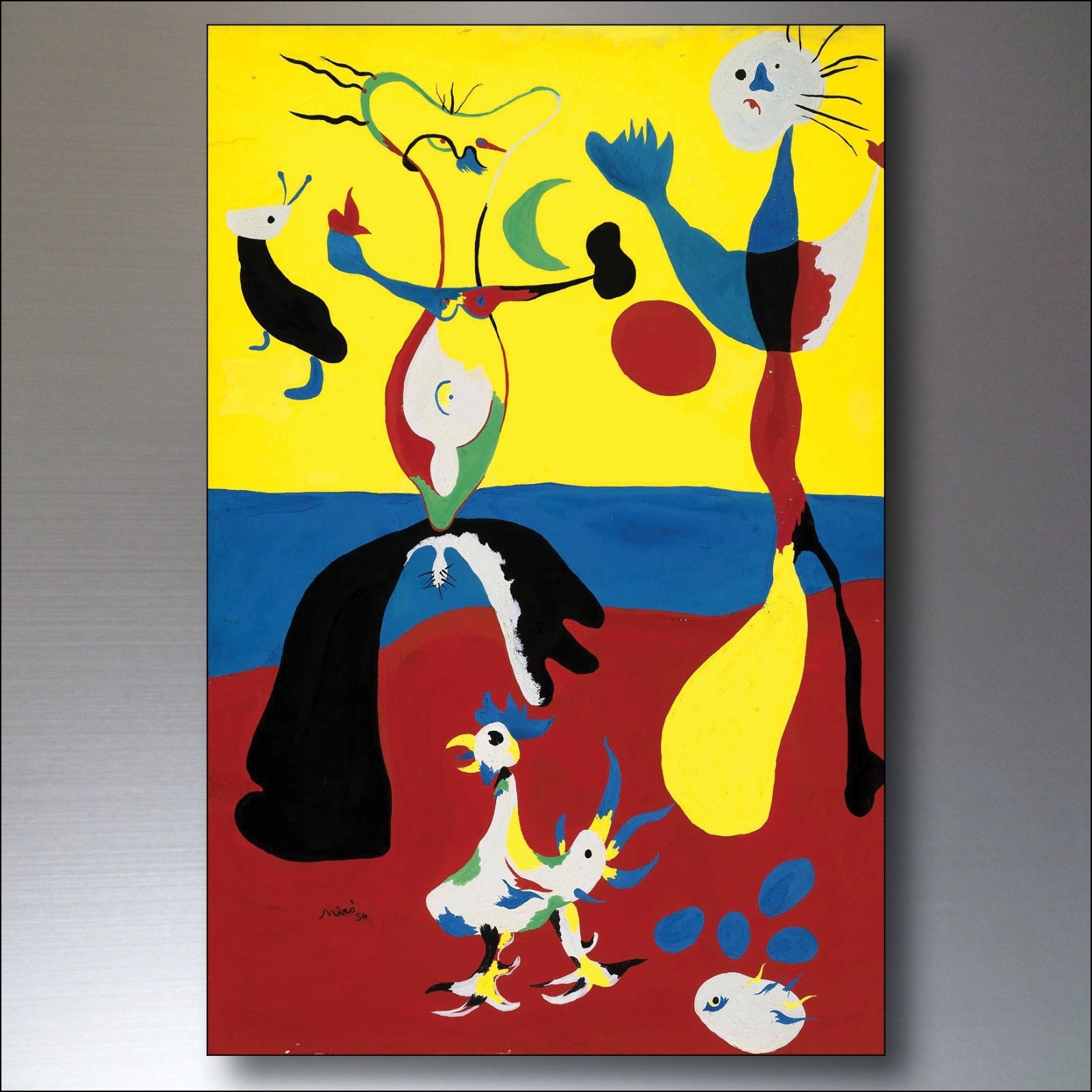 Set of 8 vintage Joan Miró fridge magnets featuring surrealist Spanish art, showcasing colorful abstract designs.