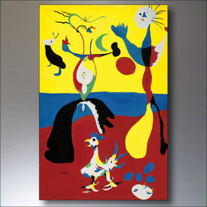 Set of 8 vintage Joan Miró fridge magnets featuring surrealist Spanish art, showcasing colorful abstract designs.