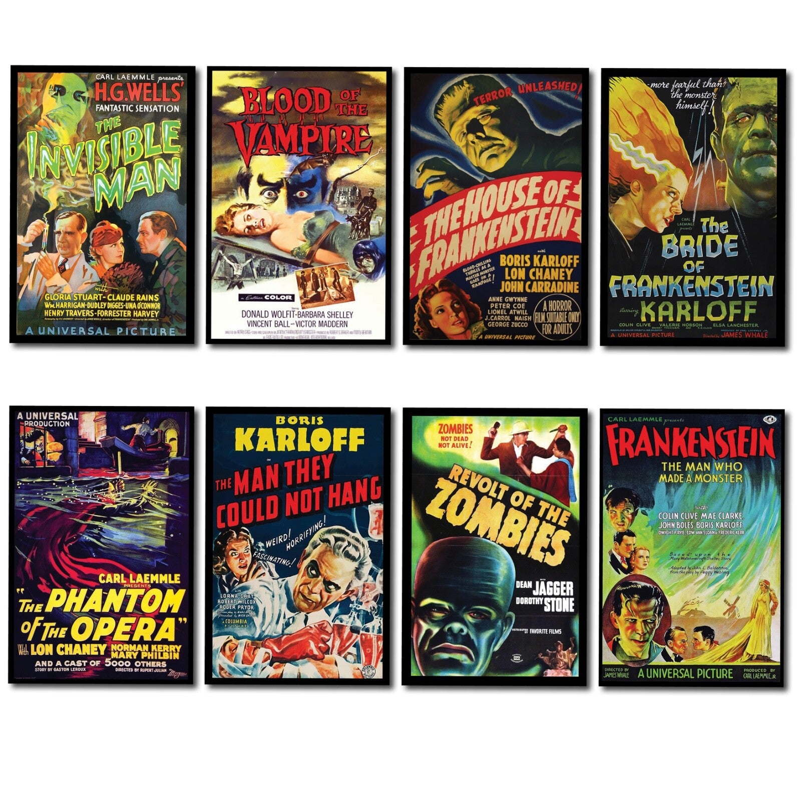 Set of 8 vintage horror movie poster fridge magnets featuring spooky film-themed artwork and classic horror icons.