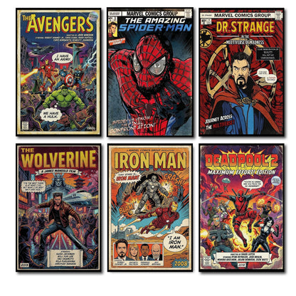Set of 6 vintage superhero and villain fridge magnets from Super Hero brand, featuring colorful character designs for refrigerator decor.