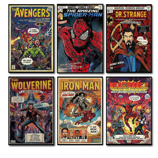 Set of 6 vintage superhero and villain fridge magnets from Super Hero brand, featuring colorful character designs for refrigerator decor.