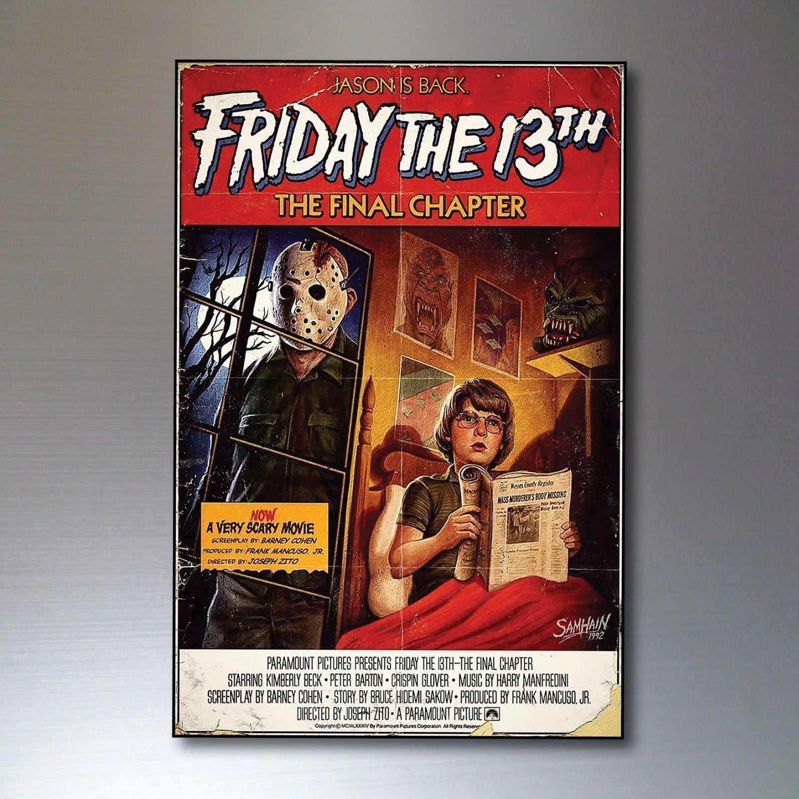 Set of 8 vintage horror film movie poster fridge magnets, featuring classic horror designs, ideal for retro-themed kitchen decor.