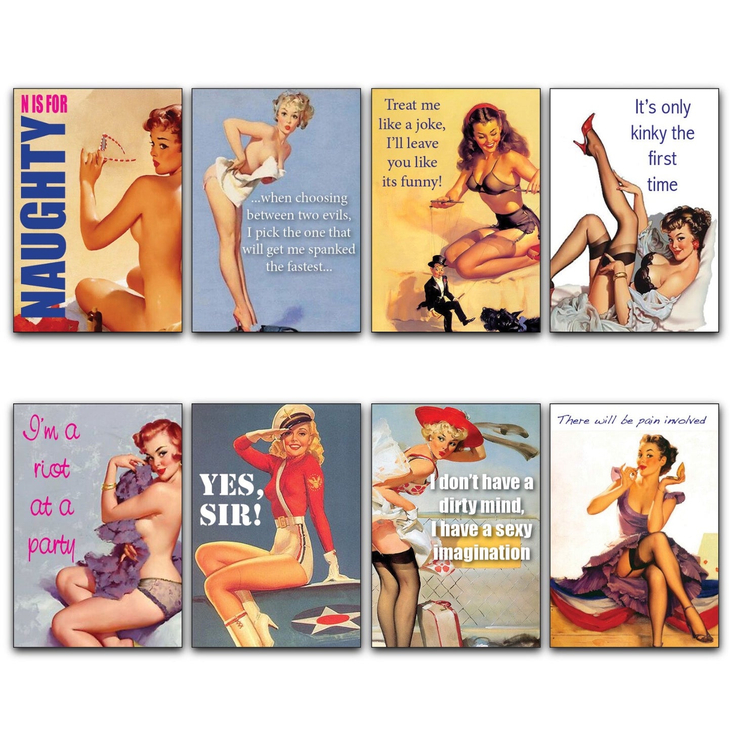 Set of 8 vintage pin-up girl fridge magnets, decorative metal magnets featuring retro pin-up illustrations for refrigerator decor.