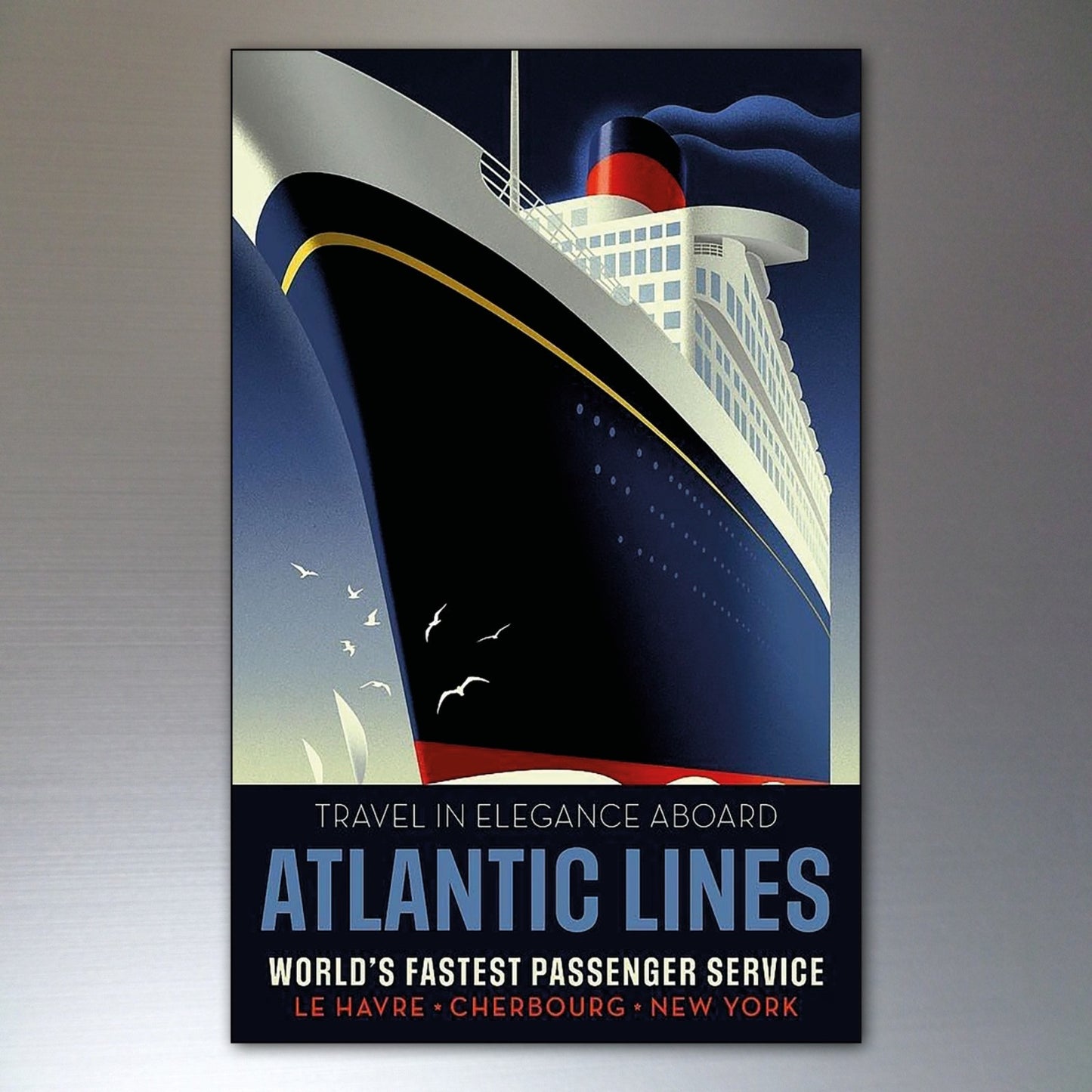 Set of 8 classic Atlantic liner shipping advertising fridge magnets, vintage maritime-themed collectibles, unbranded.