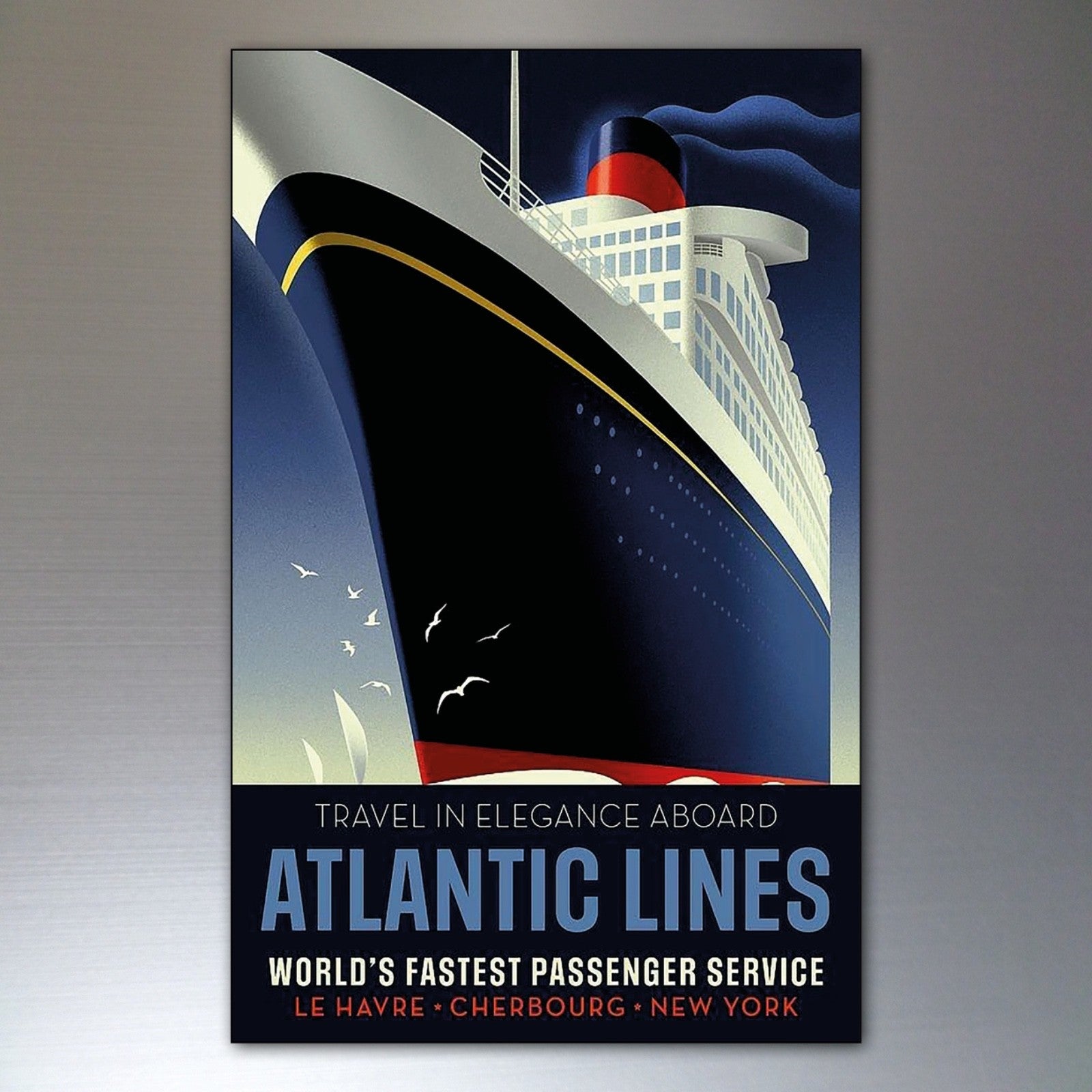 Set of 8 classic Atlantic liner shipping advertising fridge magnets, vintage maritime-themed collectibles, unbranded.