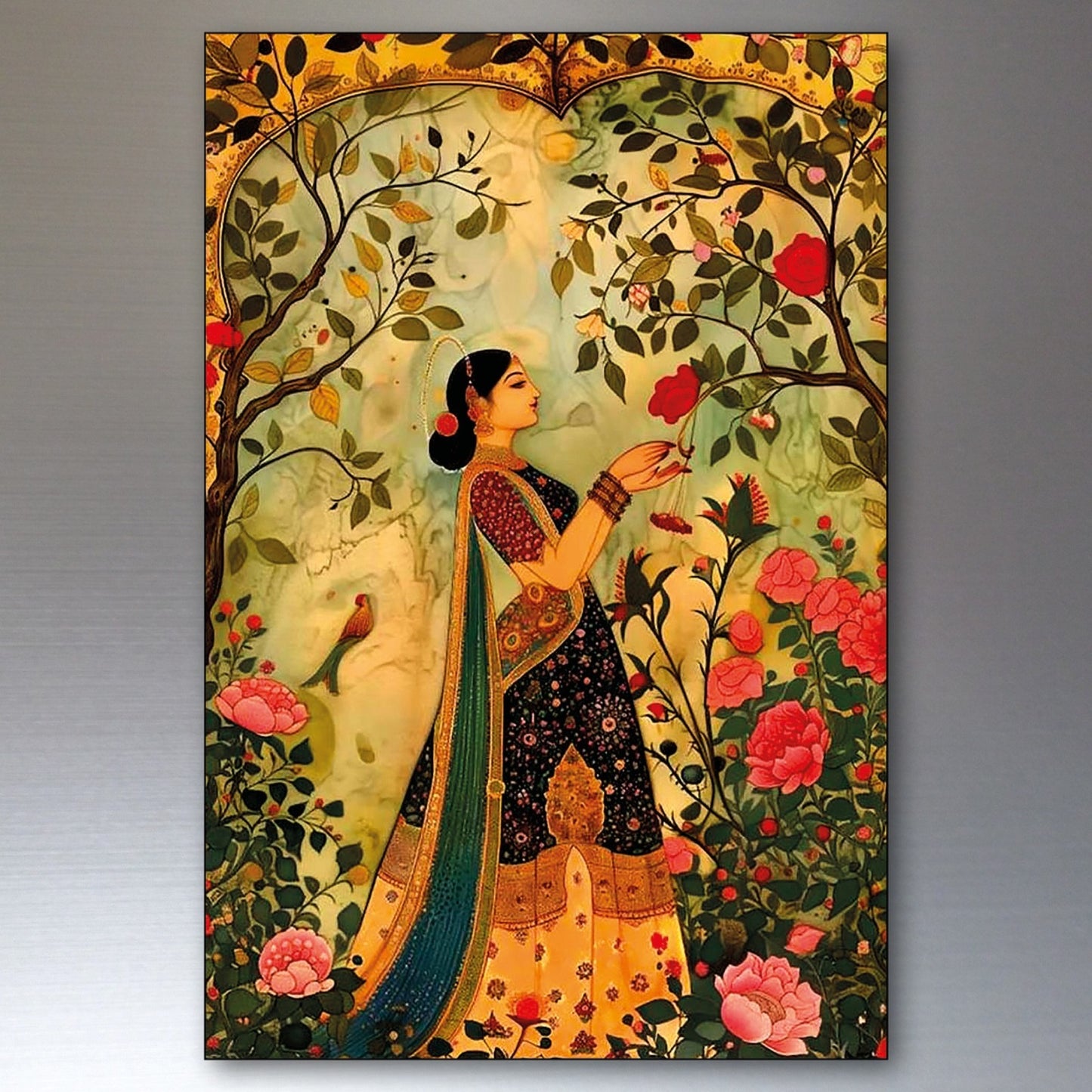 Set of 8 vintage Indian Mughal Pichwai art fridge magnets displaying traditional Indian motifs and intricate designs.