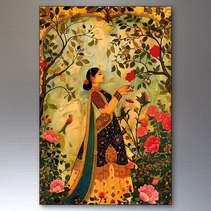 Set of 8 vintage Indian Mughal Pichwai art fridge magnets displaying traditional Indian motifs and intricate designs.
