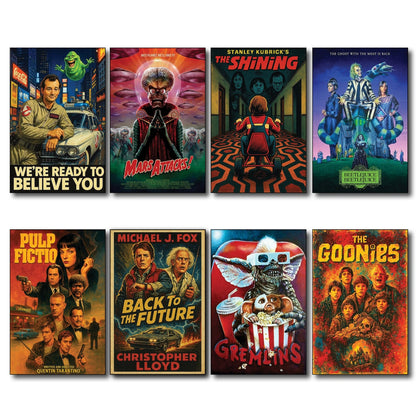 Set of 8 vintage film poster fridge magnets, flexible and collectible, featuring classic movie designs perfect for refrigerator decor.