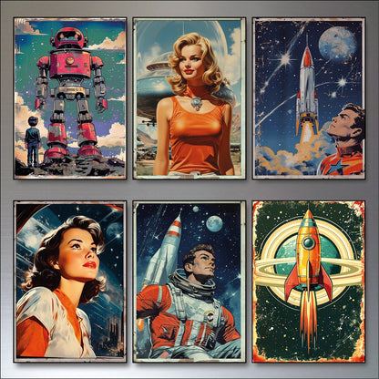 Set of 6 vintage retro sci-fi artwork fridge magnets featuring large science fiction designs, unbranded collectible sci-fi decor.