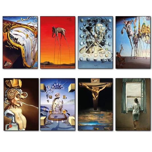 Set of 8 Salvador Dali fridge magnets featuring colorful surrealist painting designs for decorative kitchen decor.