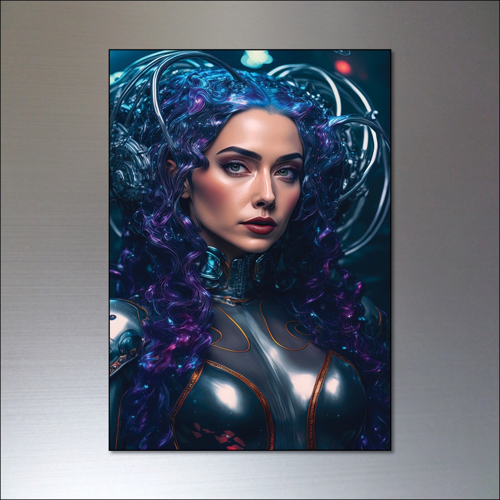 Set of 8 cyberpunk and steampunk women superhero fridge magnets, colorful and detailed decorative magnetic accessories.