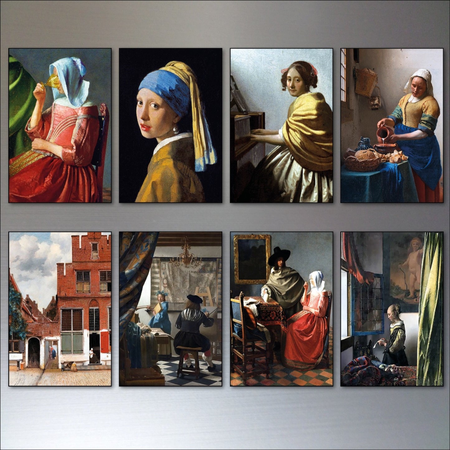 Set of 8 vintage Johannes Vermeer fridge magnets featuring famous Dutch Master paintings, showcasing detailed art images.