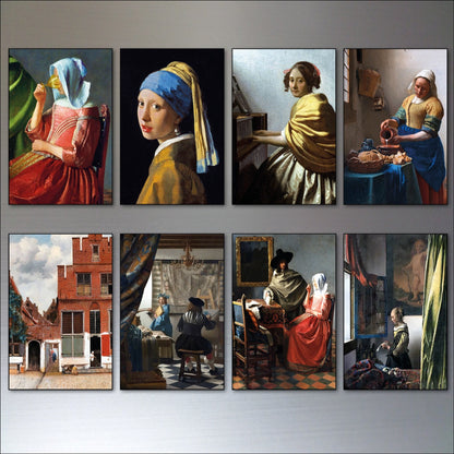 Set of 8 vintage Johannes Vermeer fridge magnets featuring famous Dutch Master paintings, showcasing detailed art images.