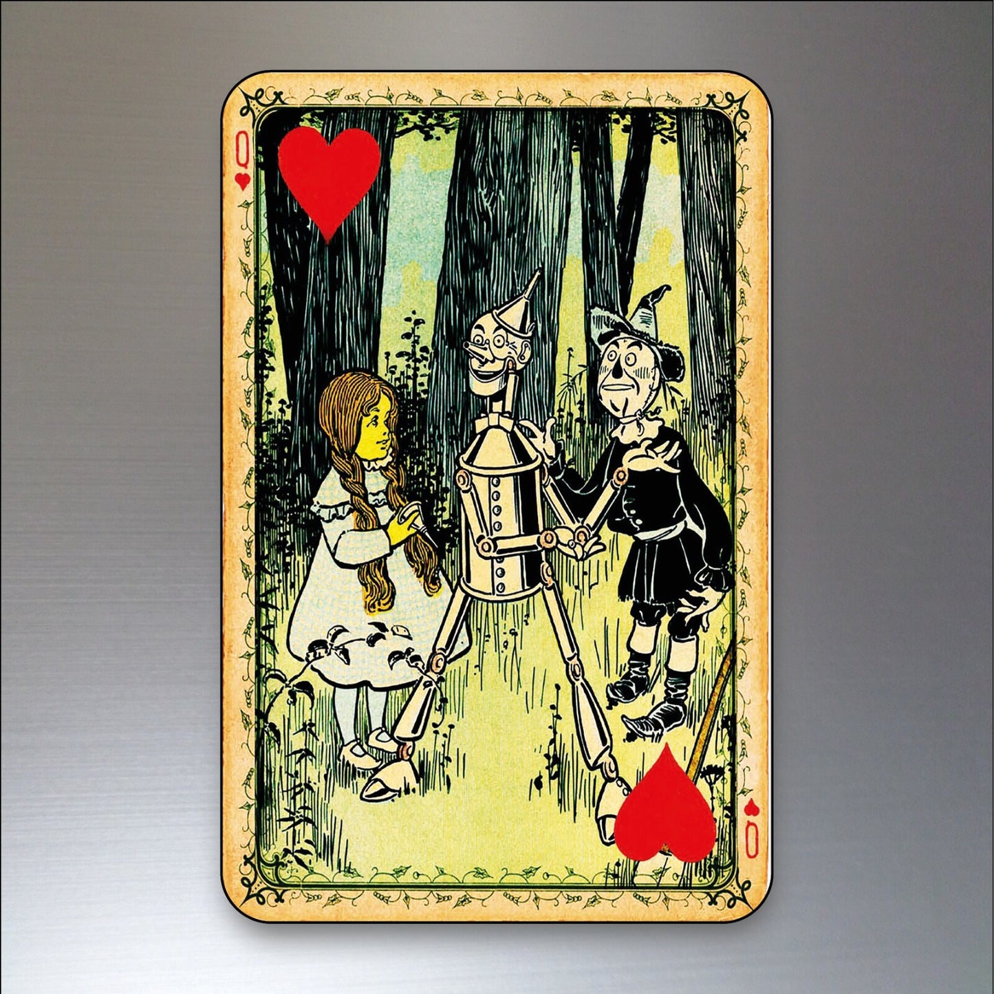 Set of 8 vintage Wizard of Oz-themed fridge magnets featuring decorative playing card designs on metal magnets.