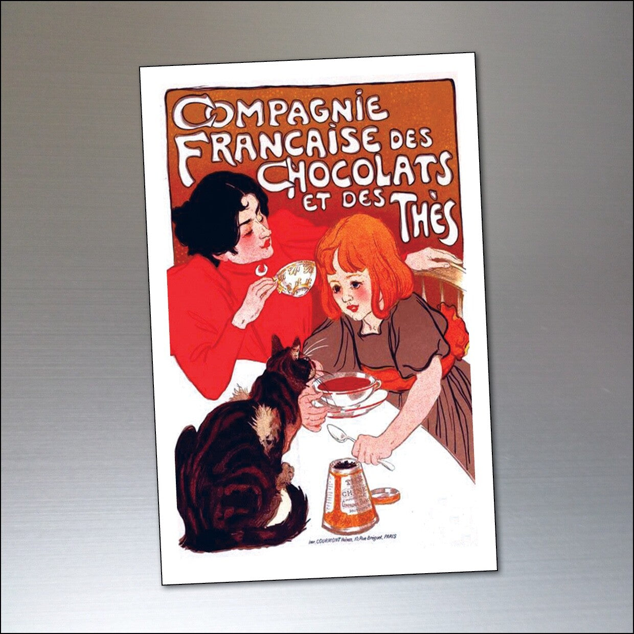 Vintage chocolate advertising poster fridge magnets, shabby chic retro design with 9 colorful magnets featuring vintage branding elements.