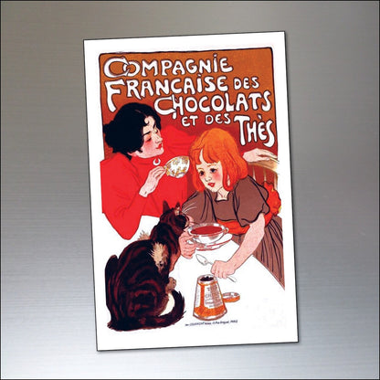 Vintage chocolate advertising poster fridge magnets, shabby chic retro design with 9 colorful magnets featuring vintage branding elements.