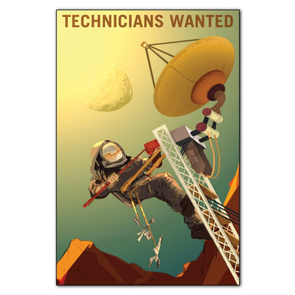 Set of 8 retro sci-fi space travel explorer artwork images for science fiction fridge decor, featuring vintage space adventure scenes.