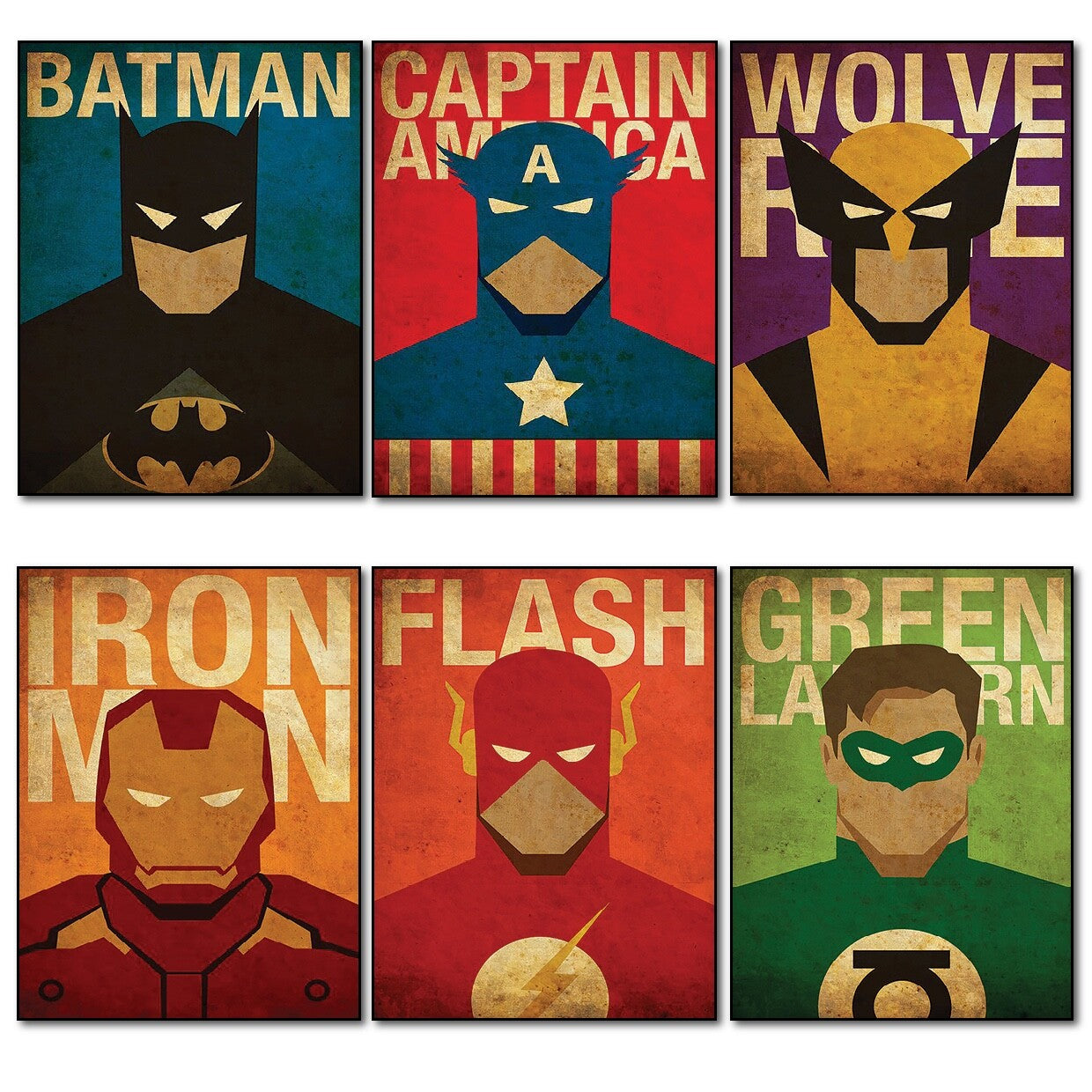 Set of 6 vintage superhero and villain fridge magnets showcasing colorful character designs on a magnetic surface.