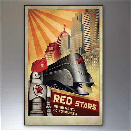Set of eight vintage-style robot metropolis sci-fi fridge magnets featuring stylized retro futuristic city scenes.