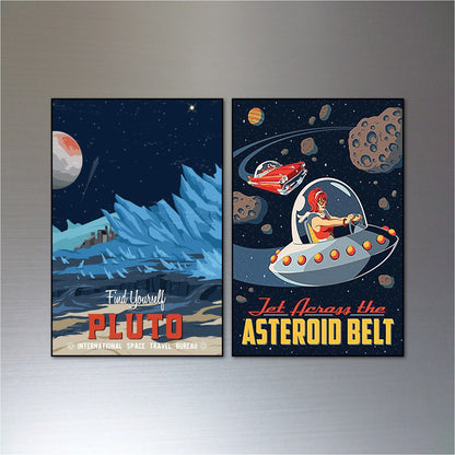Set of six vintage space travel sci-fi magnets featuring retro solar-themed artwork, perfect for science fiction enthusiasts.