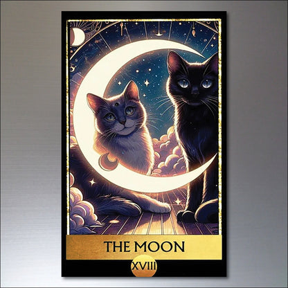 Set of 8 vintage tarot cat fridge magnets featuring mystical cat art with retro design, perfect for decorative kitchen decor.