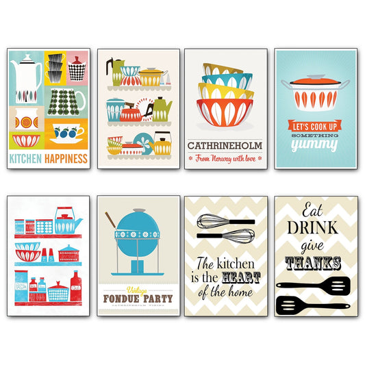 Vintage Catherineholm kitchen fridge magnets featuring colorful retro art and Scandinavian design, perfect for vintage kitchen decor.