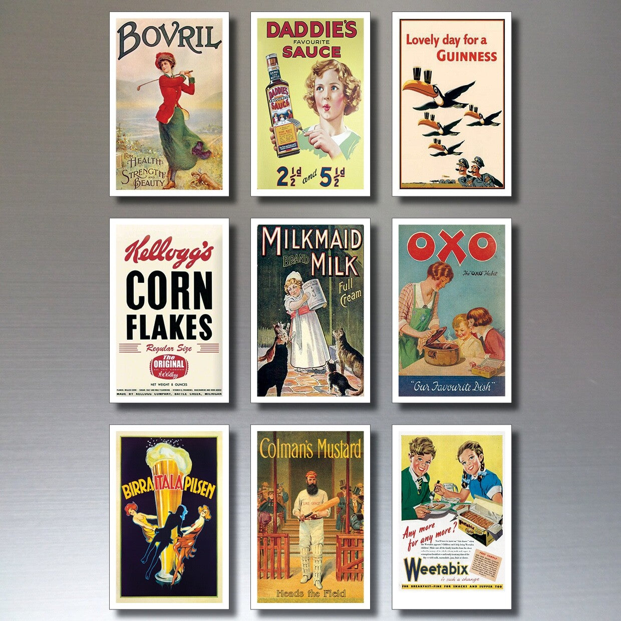 Set of 9 vintage retro fridge magnets featuring food advert designs, perfect for kitchen decor and refrigerator embellishments.