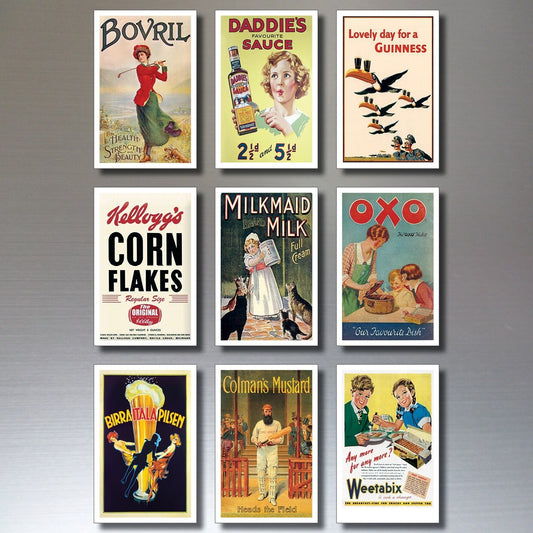 Set of 9 vintage retro fridge magnets featuring food advert designs, perfect for kitchen decor and refrigerator embellishments.