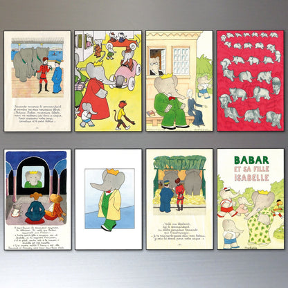 Set of 8 vintage Babar The Elephant fridge magnets featuring French book illustrations, perfect for decorative kitchen accessories.