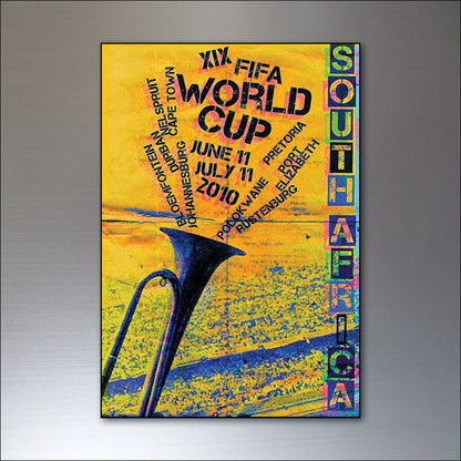 Set of 8 vintage football World Cup posters fridge magnets from 1986 to 2014, featuring colorful, retro tournament designs.