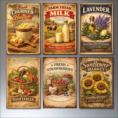 Set of 6 vintage farm foods and produce fridge magnets, flexible and large, featuring colorful farm-themed illustrations.