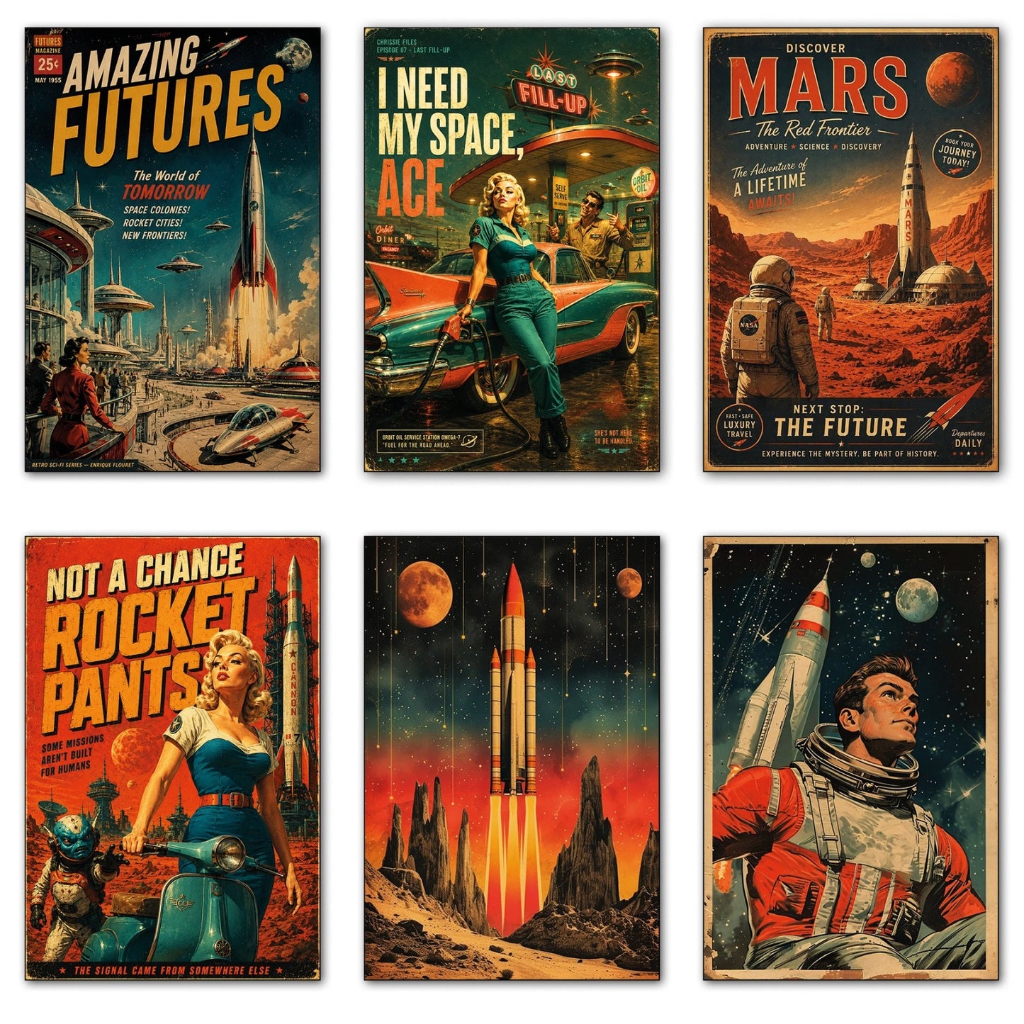 Set of six vintage sci-fi novel fridge magnets with retro artwork, showcasing colorful space and futuristic design elements.