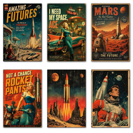 Set of six vintage sci-fi novel fridge magnets with retro artwork, showcasing colorful space and futuristic design elements.